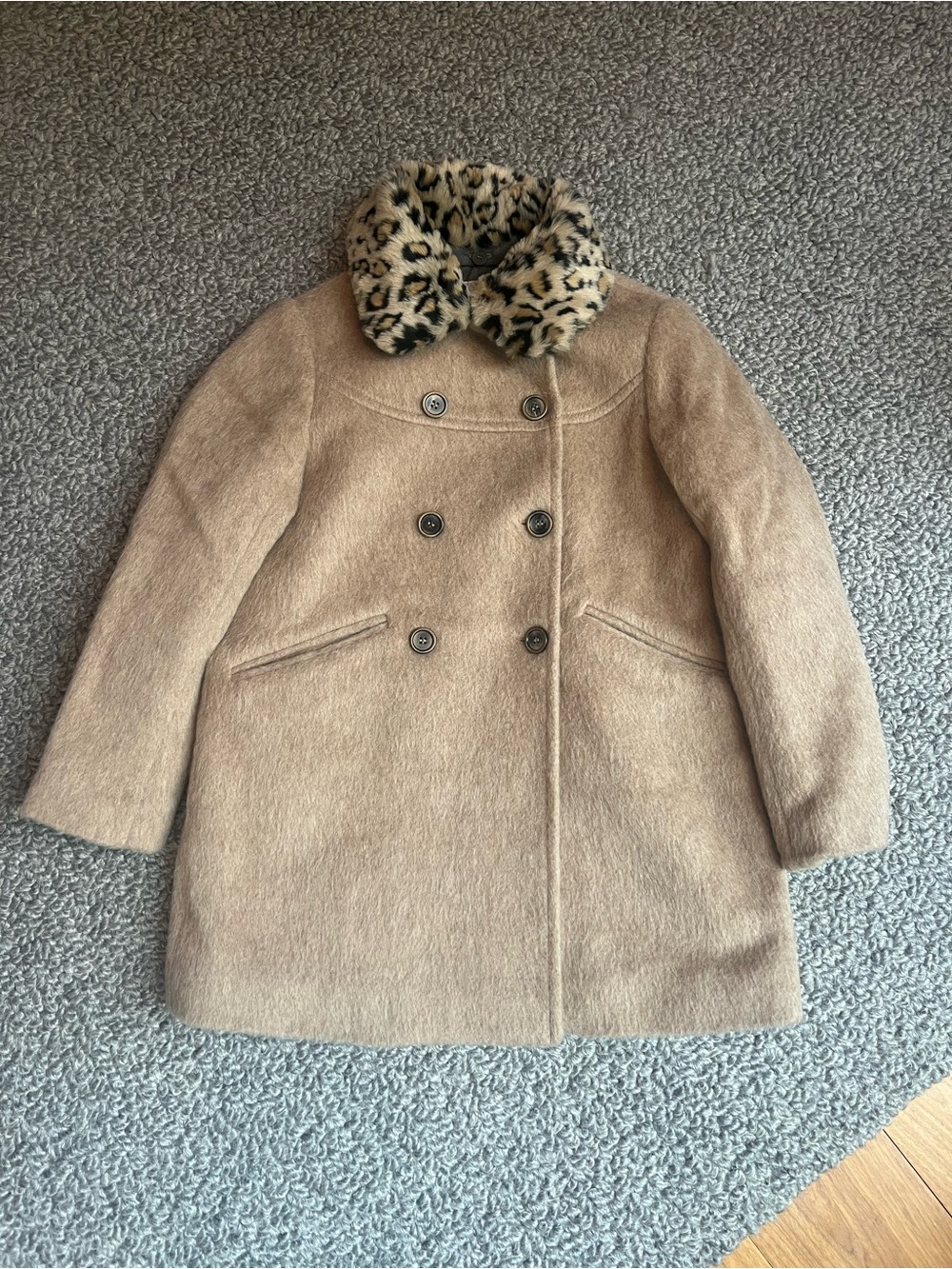 Bonpoint Girls' Cream Wool Blend Coat with Faux Leopard Collar